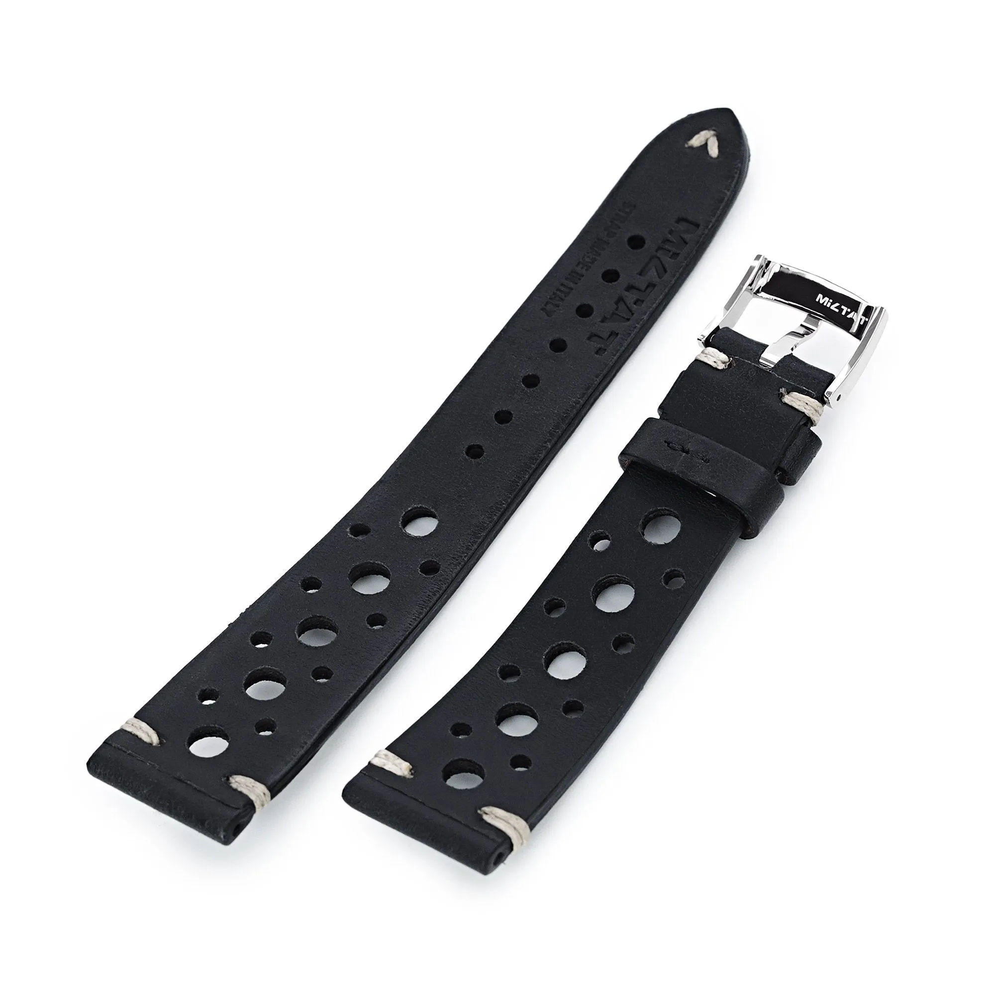 20mm Black Italian Handmade Racer Watch Band, Beige Stitching, P Buckle