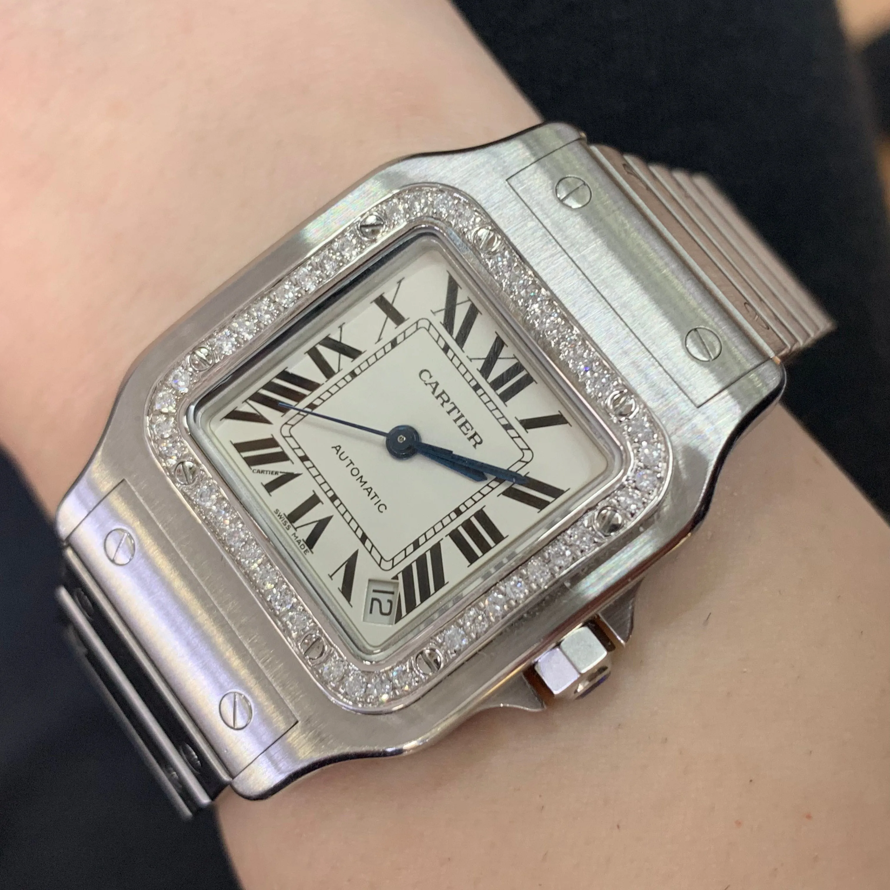 29mm Cartier Santos Stainless Steel Watch with Custom Diamond Bezel