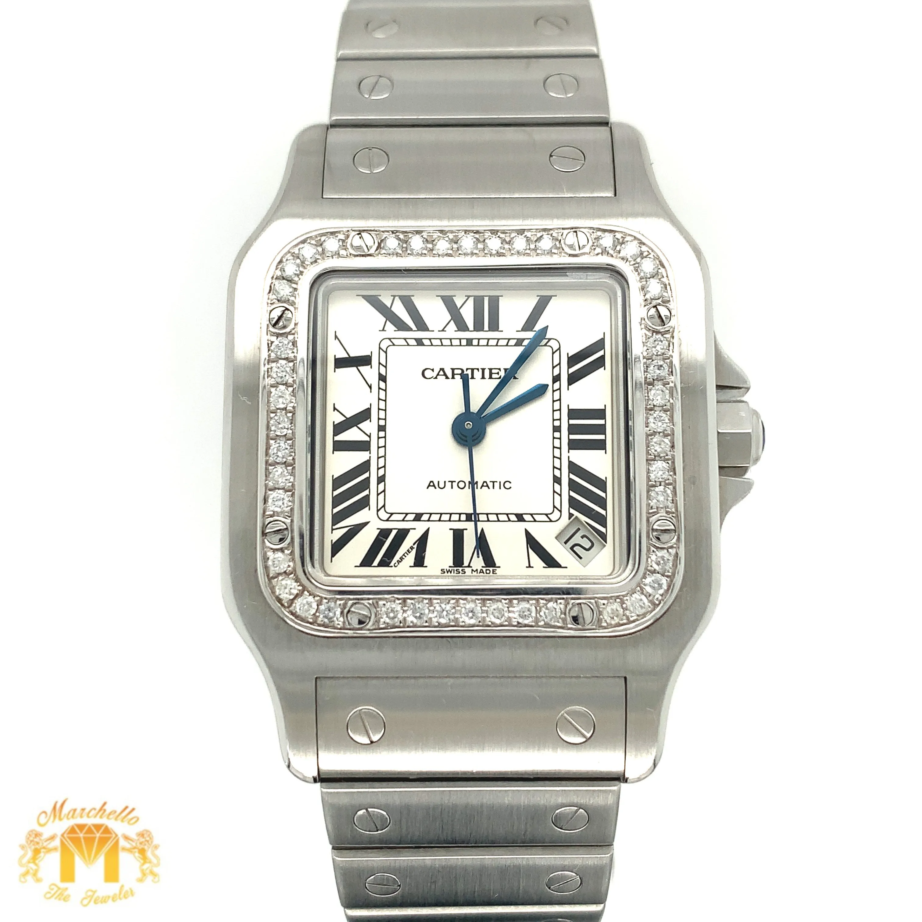 29mm Cartier Santos Stainless Steel Watch with Custom Diamond Bezel