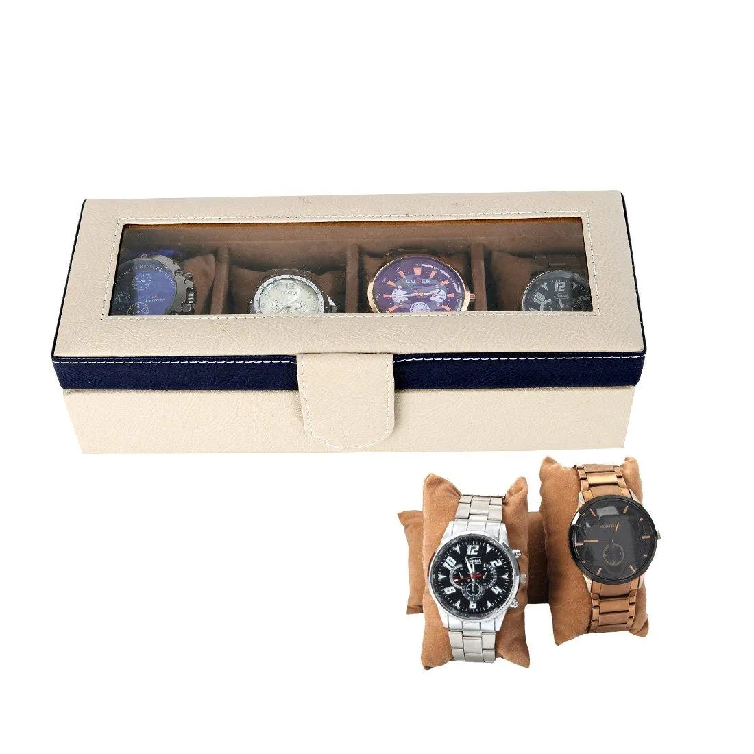 4 Slots Stylish Beige Watch Box with Viewing Window