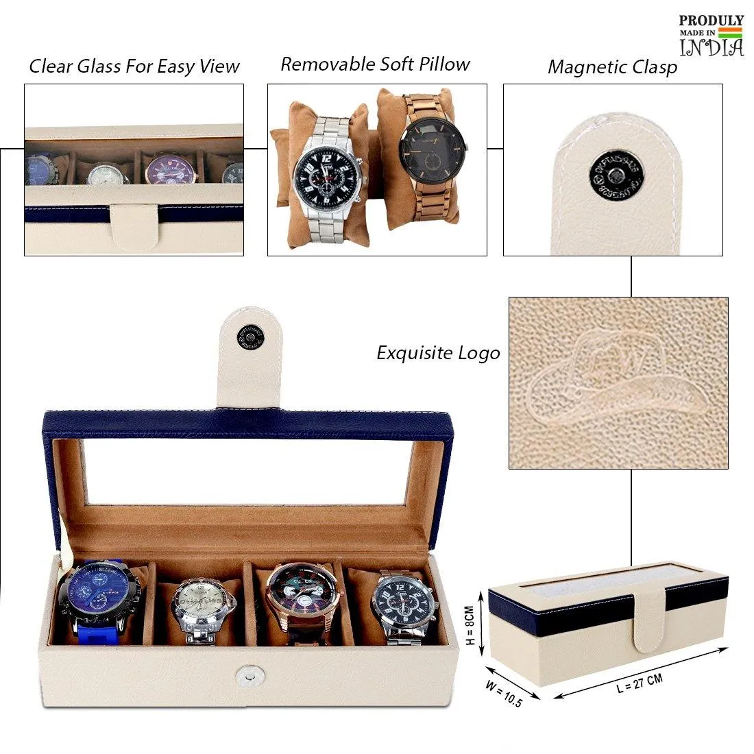 4 Slots Stylish Beige Watch Box with Viewing Window