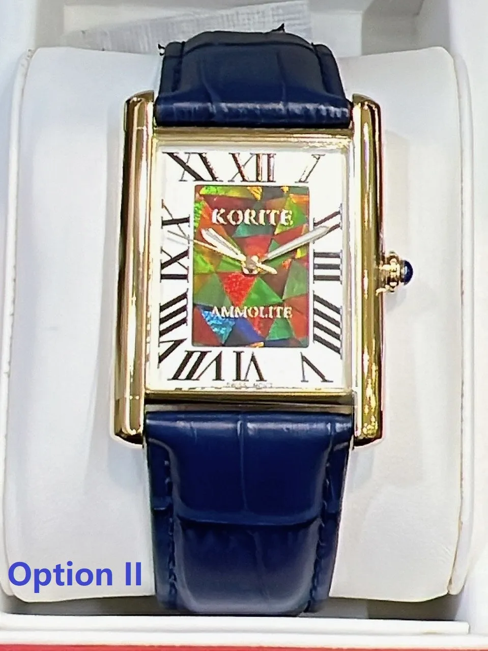 Ammolite Watch- Large-Roman Mosaic Rectangle Watch-Navy Blue Leather Strap (Korite)