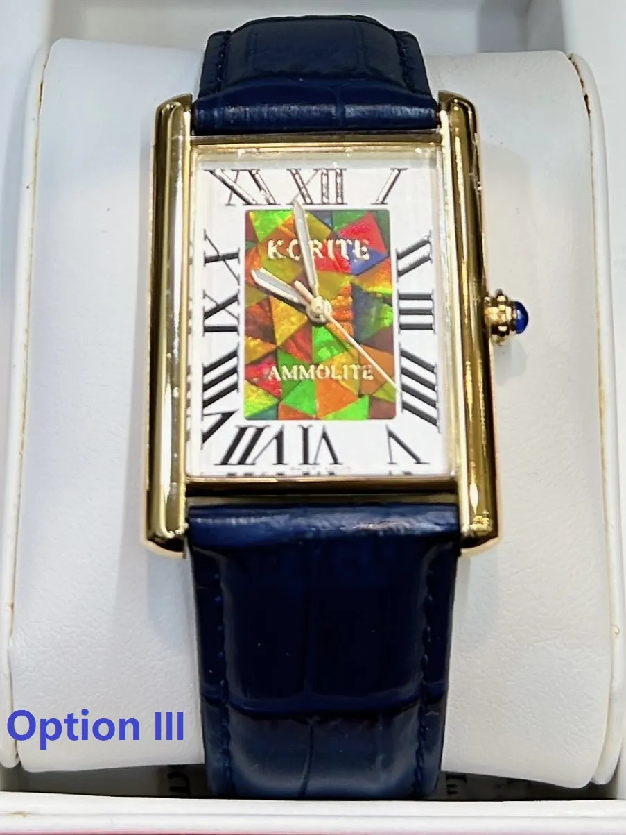 Ammolite Watch- Large-Roman Mosaic Rectangle Watch-Navy Blue Leather Strap (Korite)