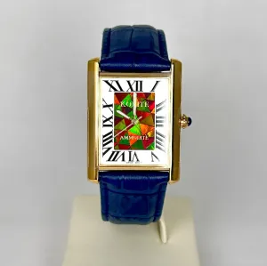 Ammolite Watch- Large-Roman Mosaic Rectangle Watch-Navy Blue Leather Strap (Korite)