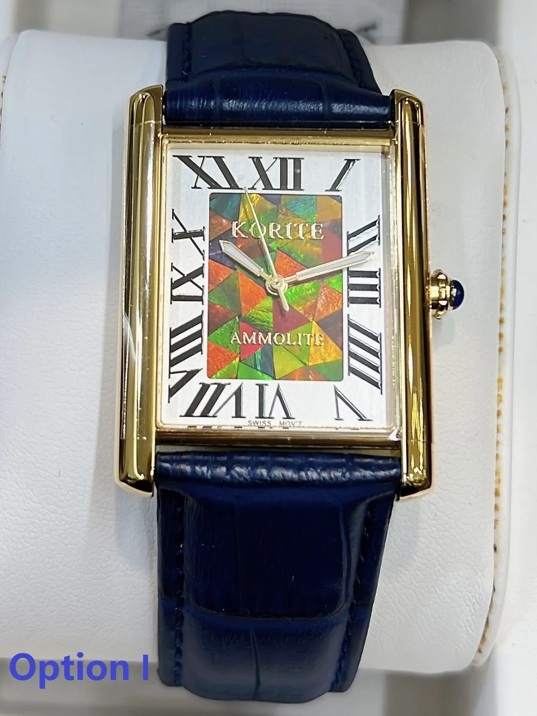 Ammolite Watch- Large-Roman Mosaic Rectangle Watch-Navy Blue Leather Strap (Korite)