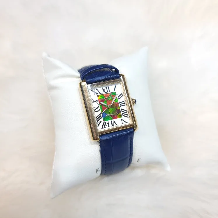 Ammolite Watch- Large-Roman Mosaic Rectangle Watch-Navy Blue Leather Strap (Korite)