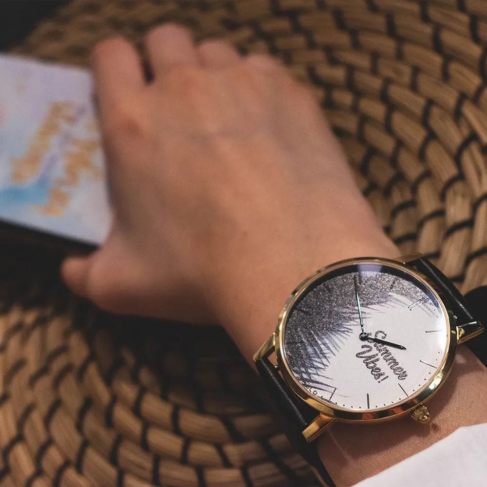 ARIES GOLD CUSTOMISED GOLD STAINLESS STEEL WATCH - SUMMER VIBES PALM LEAVES UNISEX LEATHER STRAP WATCH