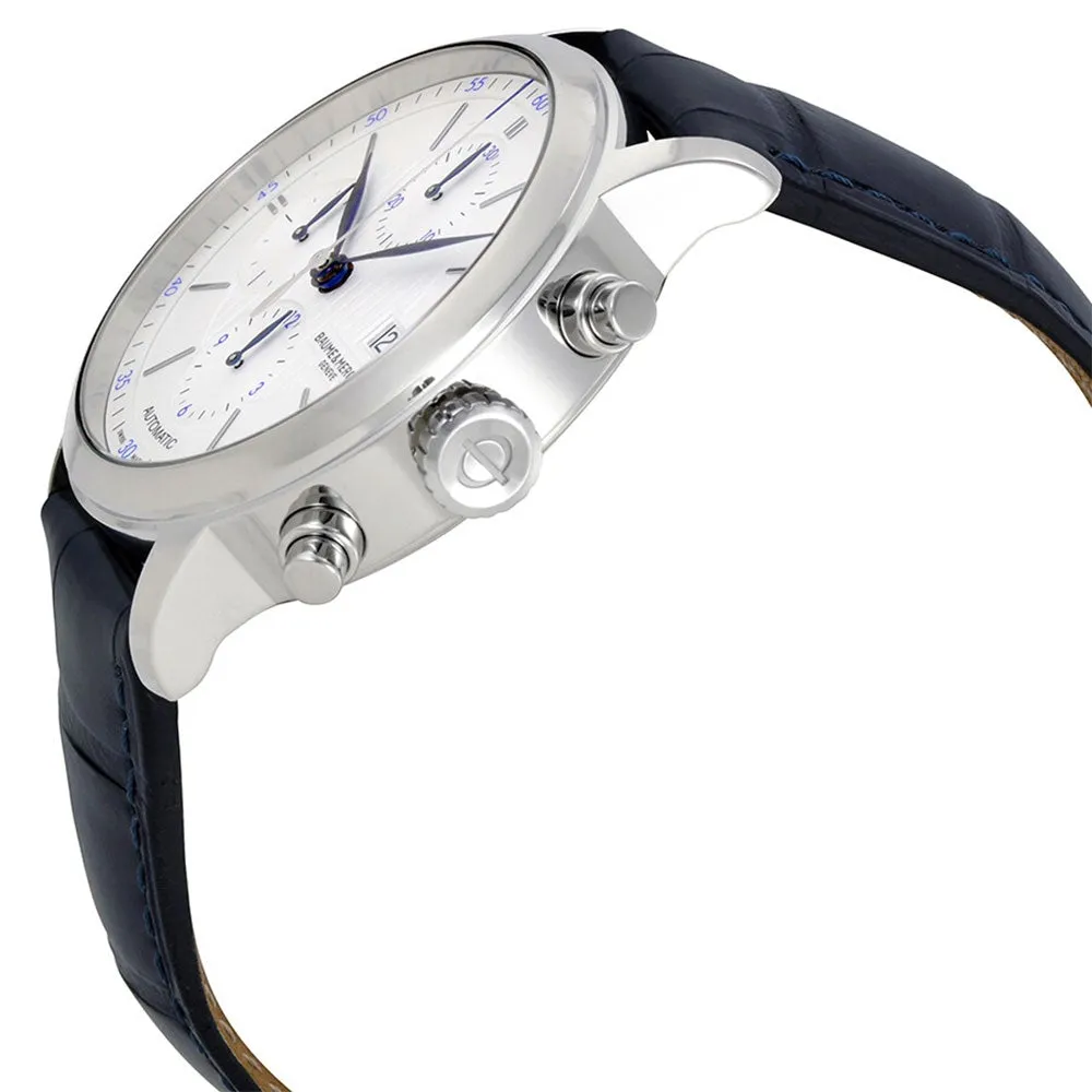 Baume & Mercier Classima Automatic Chronograph Stainless Steel Blue Leather Strap Silver Dial Date Mens Watch M0A10330