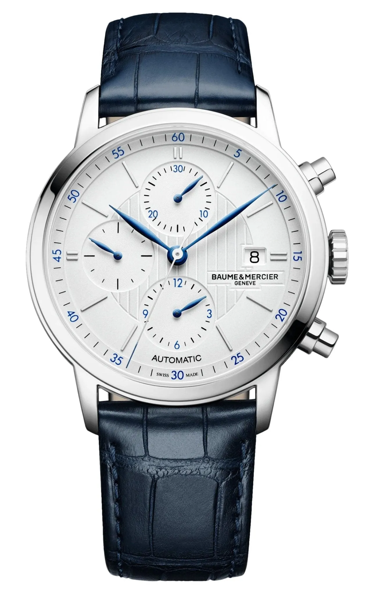 Baume & Mercier Classima Automatic Chronograph Stainless Steel Blue Leather Strap Silver Dial Date Mens Watch M0A10330