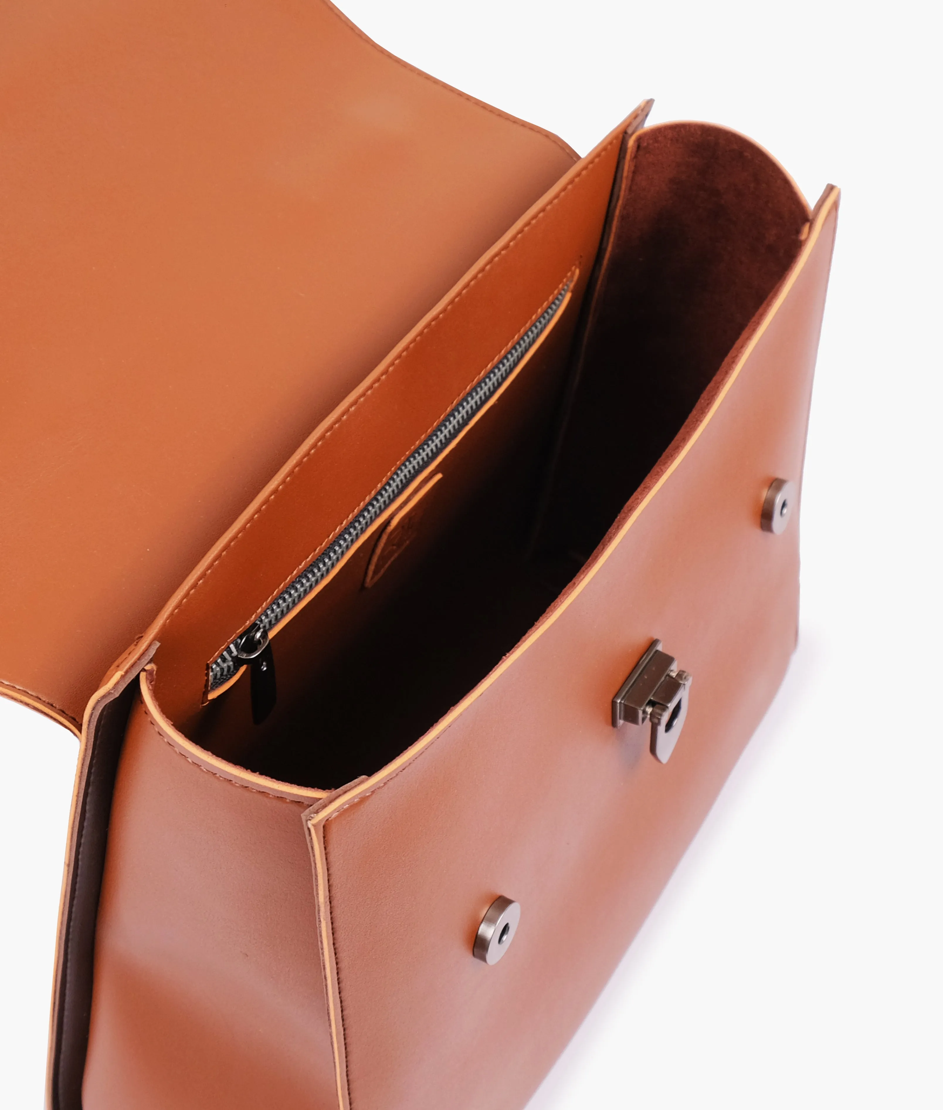 Brown flap-over top-handle bag