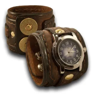 Brown Stressed Layered Leather Cuff Watch with Snaps