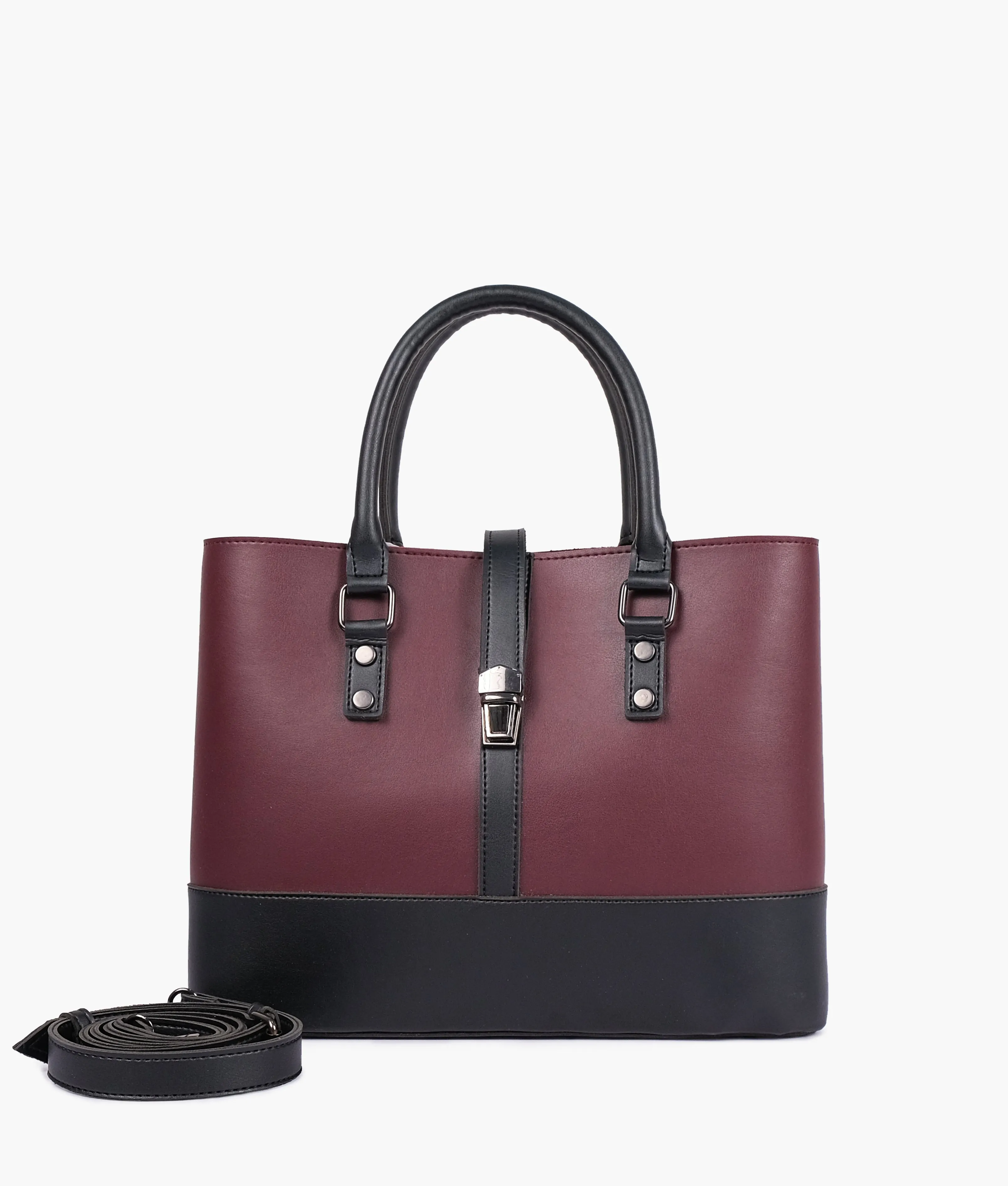 Burgundy and black multi-compartment shoulder bag