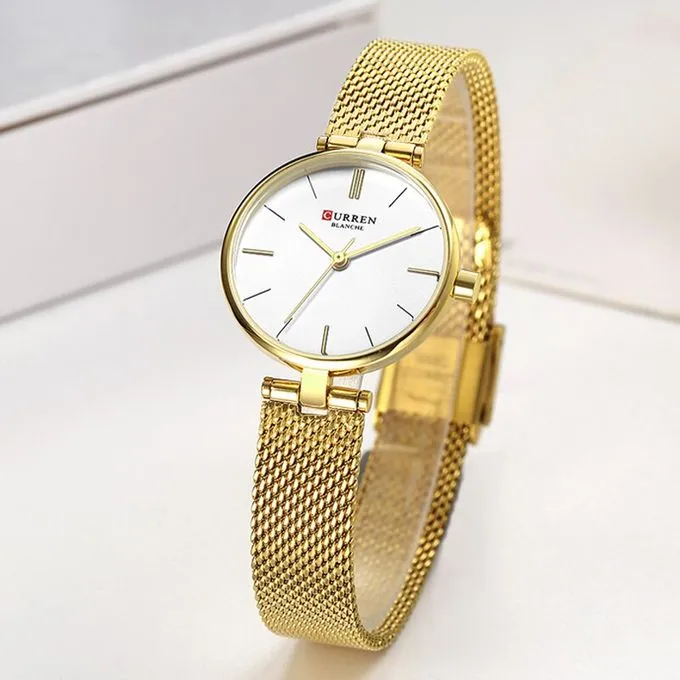 CURREN Stainless Steel Mesh Strap Watches Women's Quartz Watch Gold Bracelet Wristwatch Female Clock Ladies Dress Watch 9038(gold White)