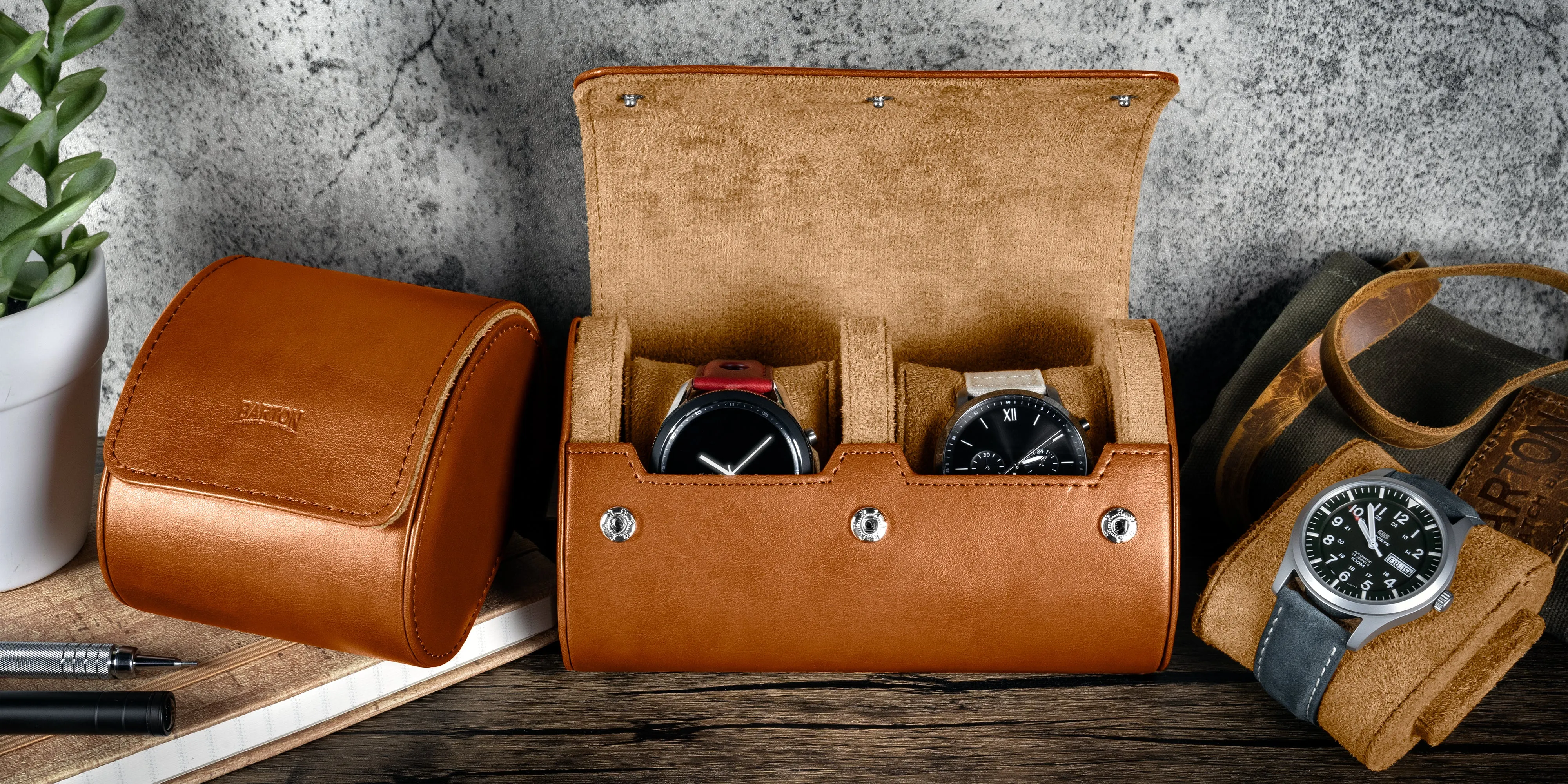 Double Recycled Leather Watch Roll Travel Case