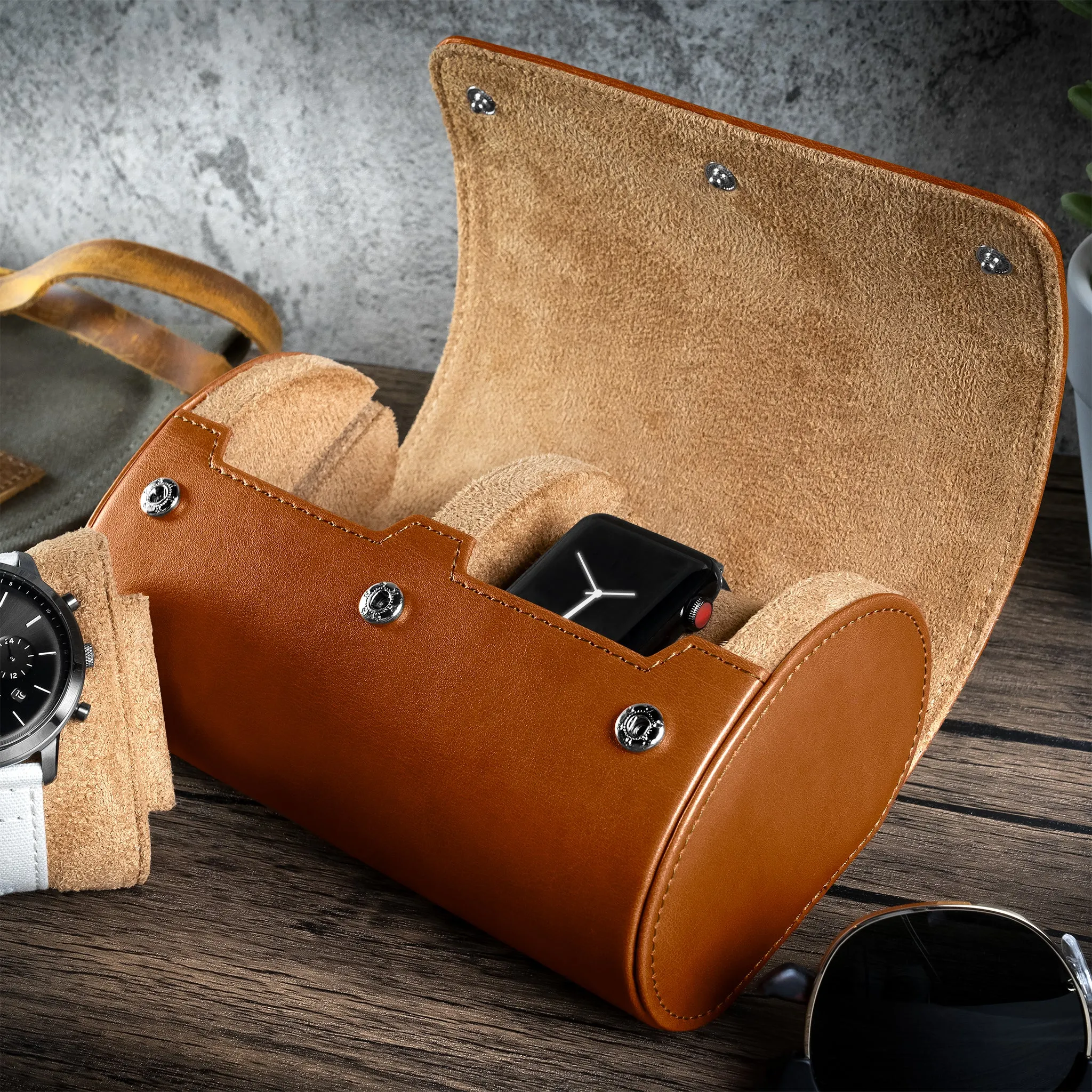 Double Recycled Leather Watch Roll Travel Case