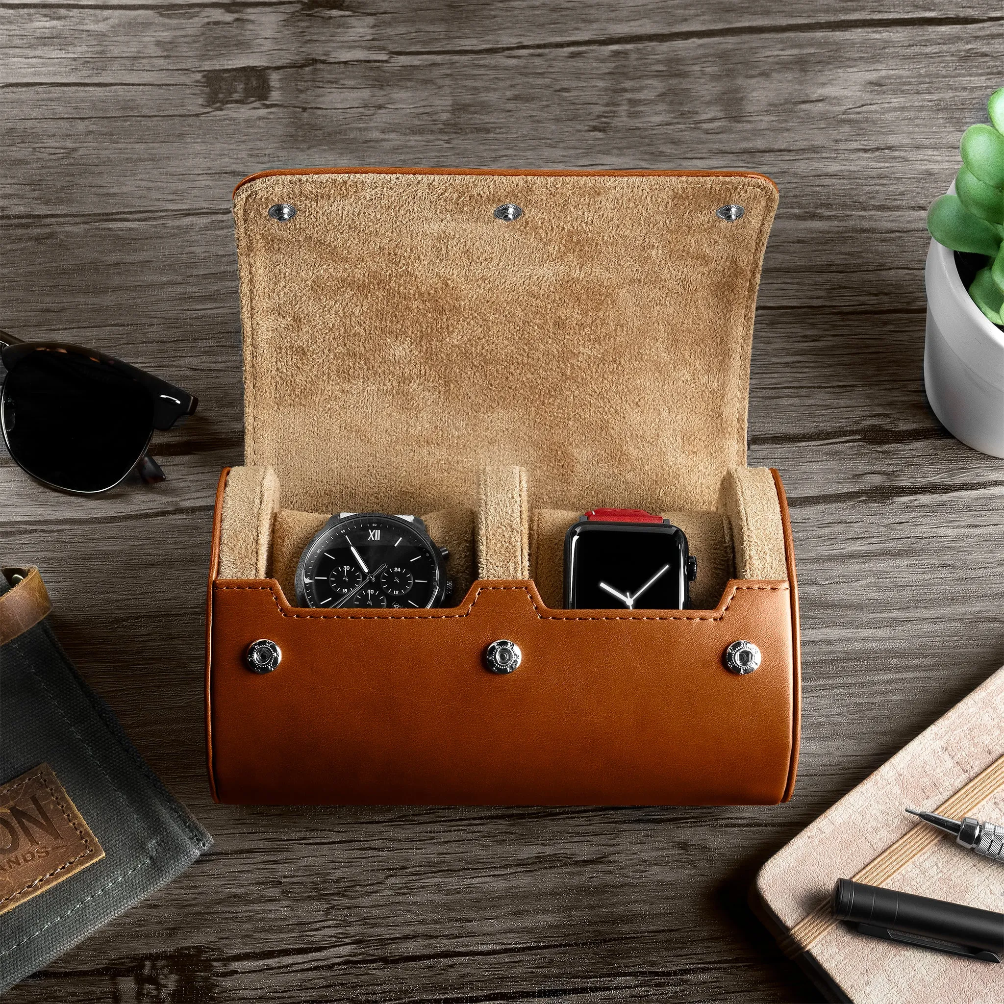 Double Recycled Leather Watch Roll Travel Case