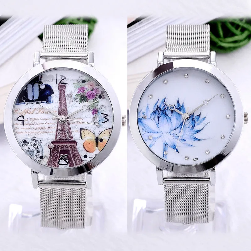 Eiffel Tower Flower Watch Fashion Luxury Women dress Watch Female Stainless Steel Strap Analog Round Dial Relogios Quartz clock