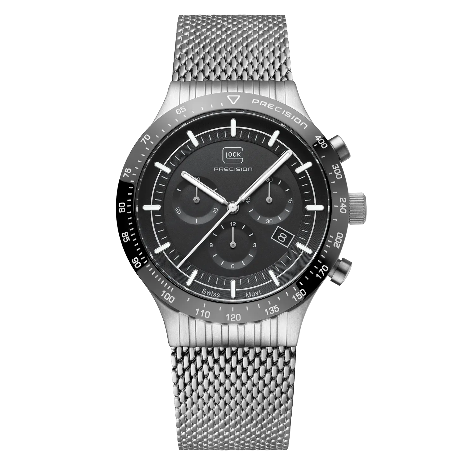 Gents Steel Glock Watch with Black Chronodial and Steel Mesh Strap