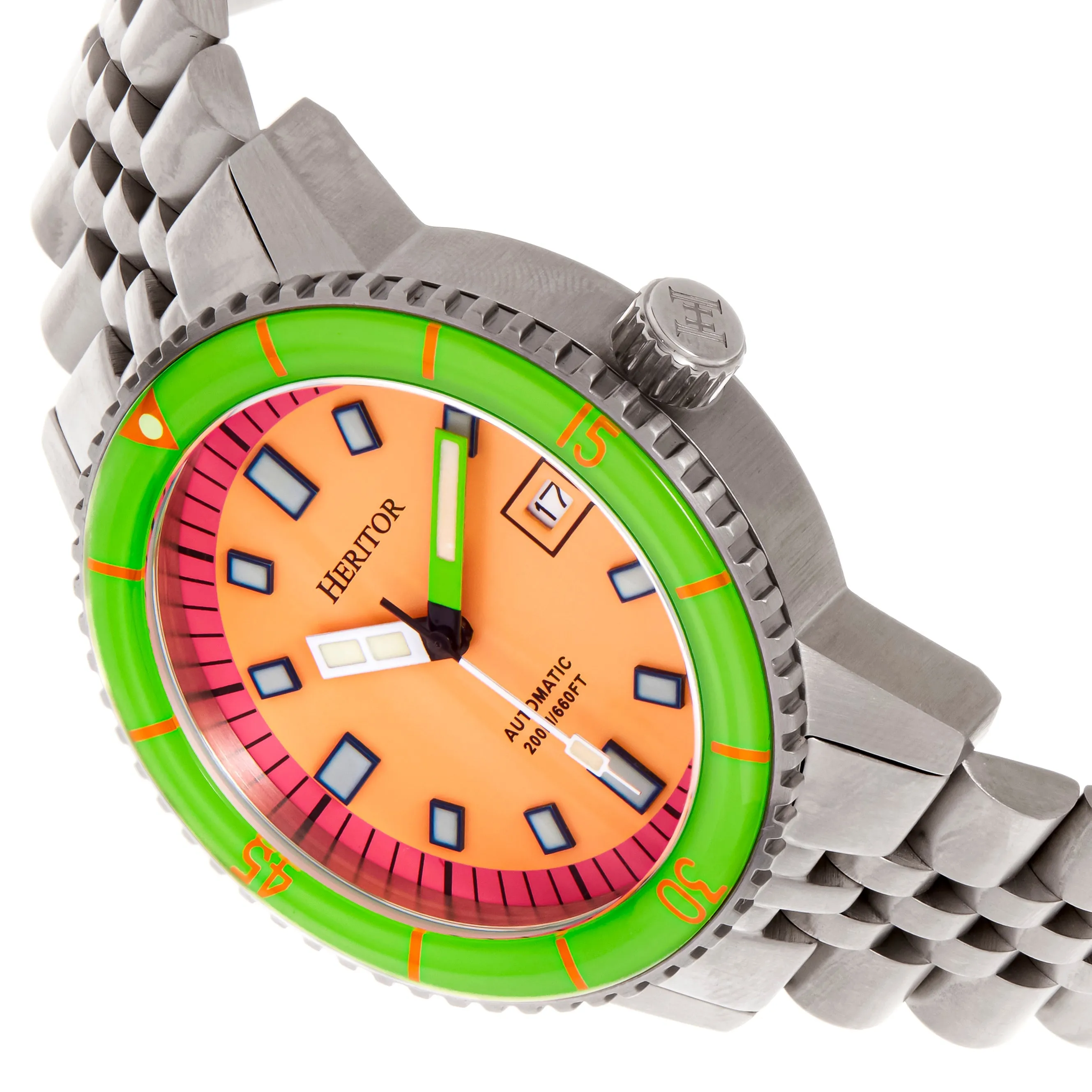 Heritor Automatic Edgard Bracelet Diver's Watch w/Date - Green/Orange