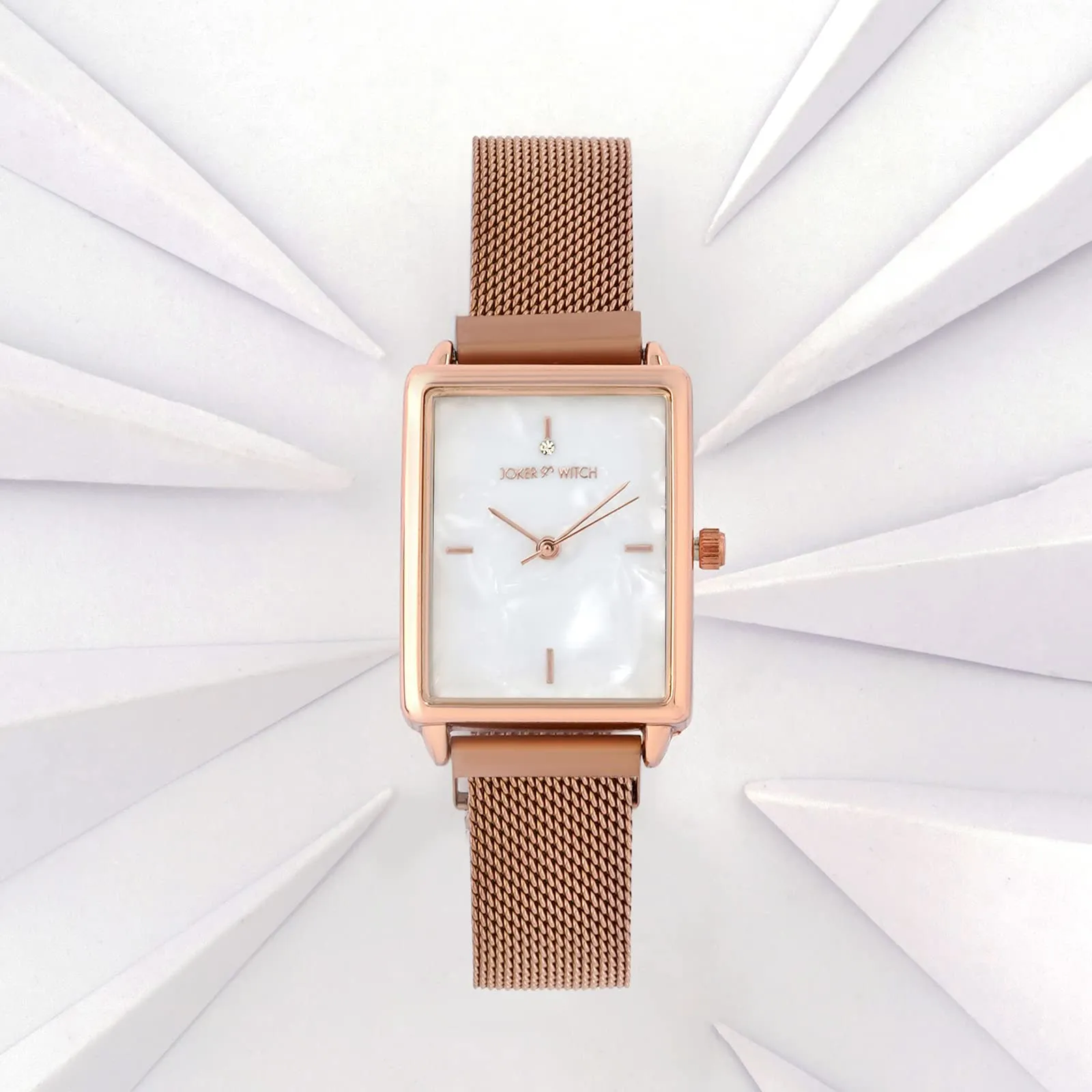 Joker & Witch Quad MOP White Rectangle Dial Rosegold Mesh Strap Analog Women's Watch