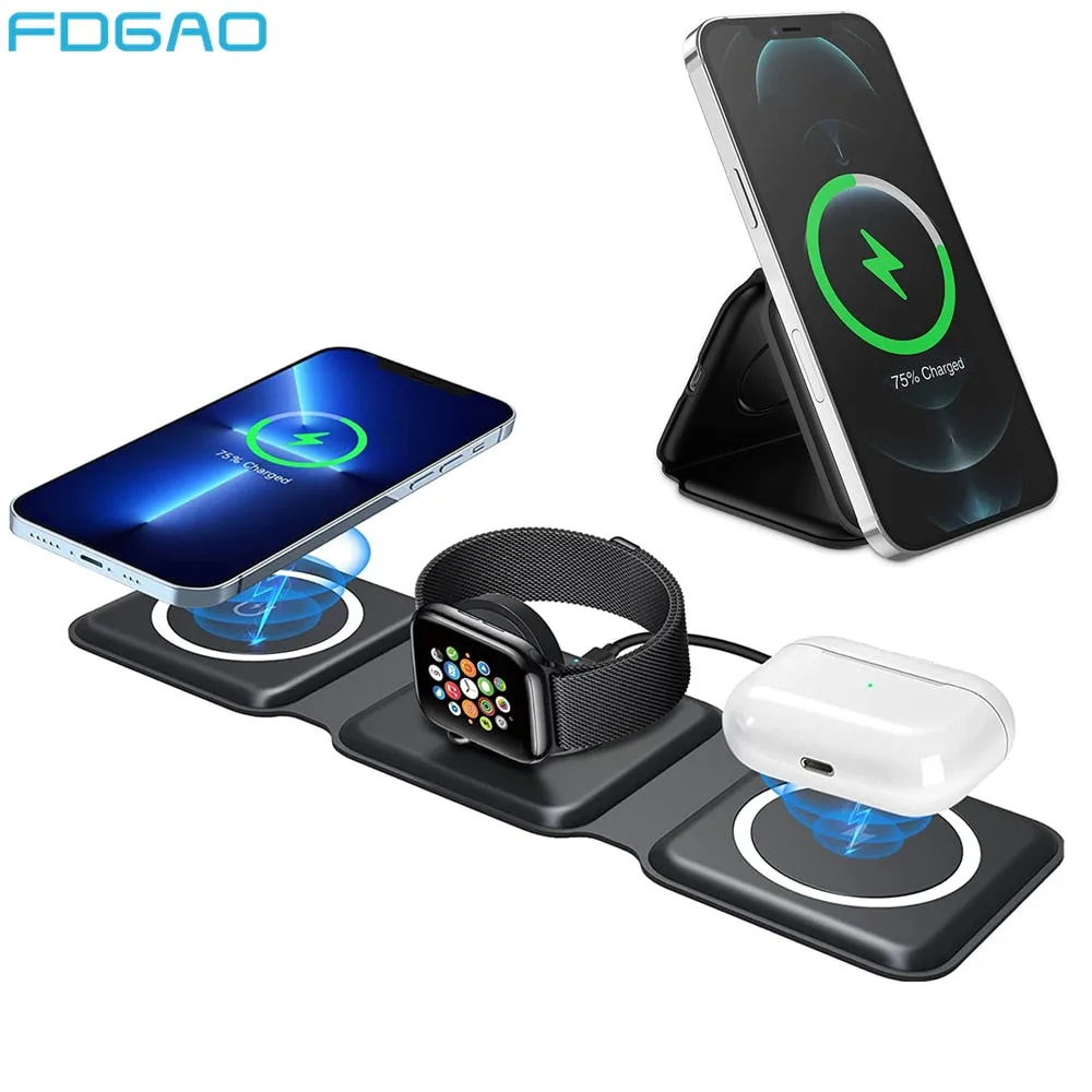 Magnetic Wireless Charger Stand for iPhone 13 12 11 XS XR 8 3 in 1 15W Fast Charging Station Dock For Apple Watch 7 Airpods Pro