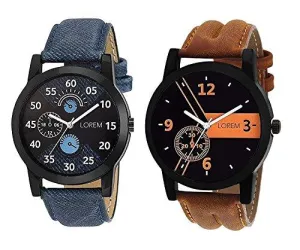 OpenDeal New Designer & Stylish Leather Belt Combo Analogue Watch For Men LR01-02 (Pack Of 2)