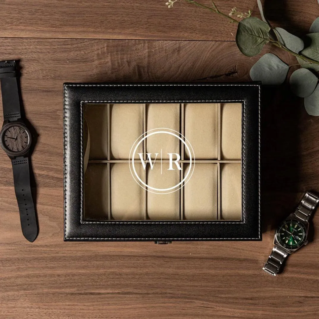 Personalized Black Leather Watch Box