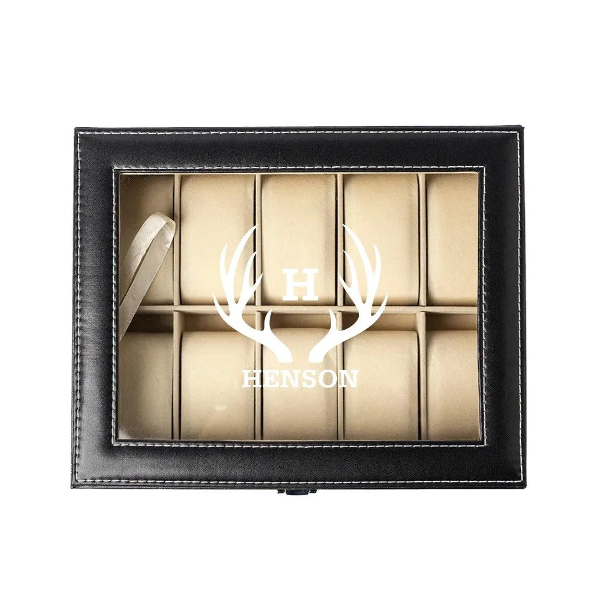 Personalized Black Leather Watch Box