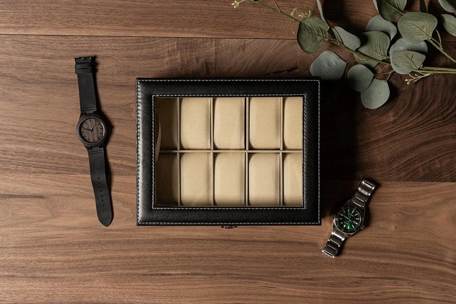 Personalized Black Leather Watch Box