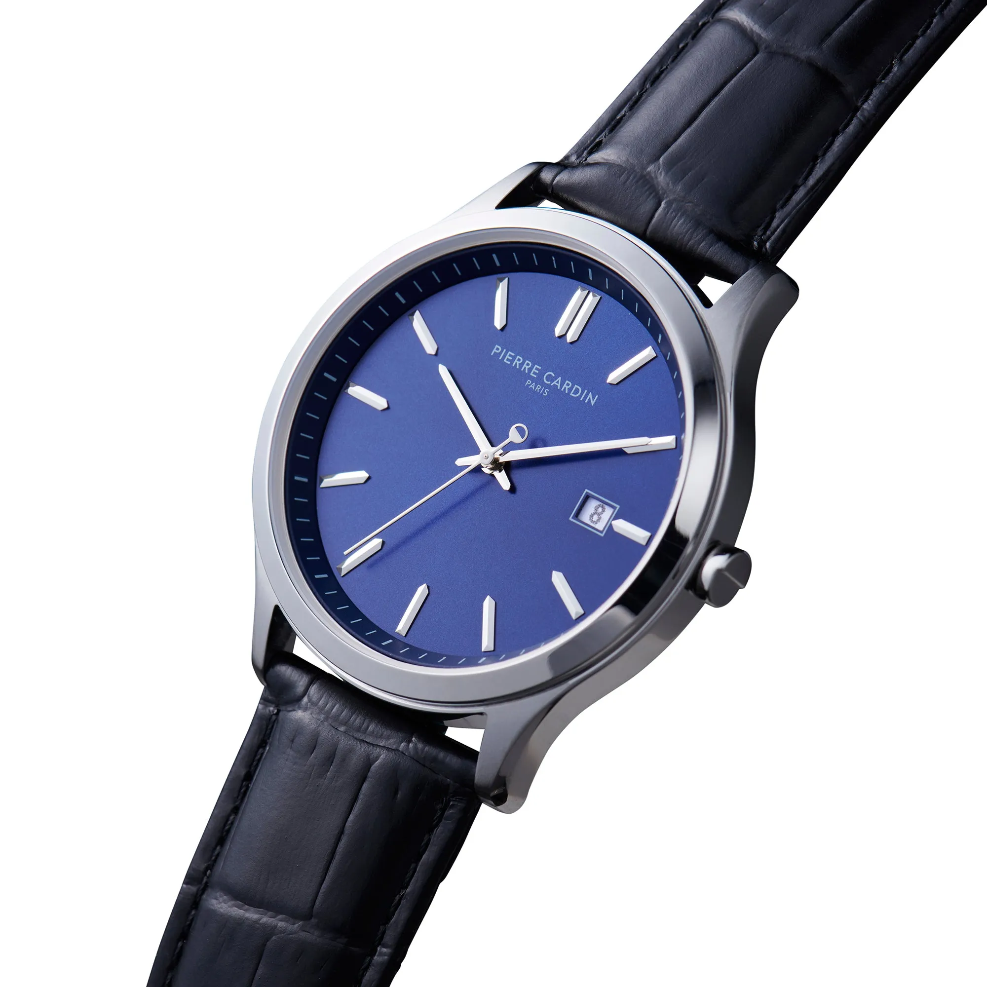 Épinettes Essential Stainless Steel Watch with Blue Dial and Black Leather Strap