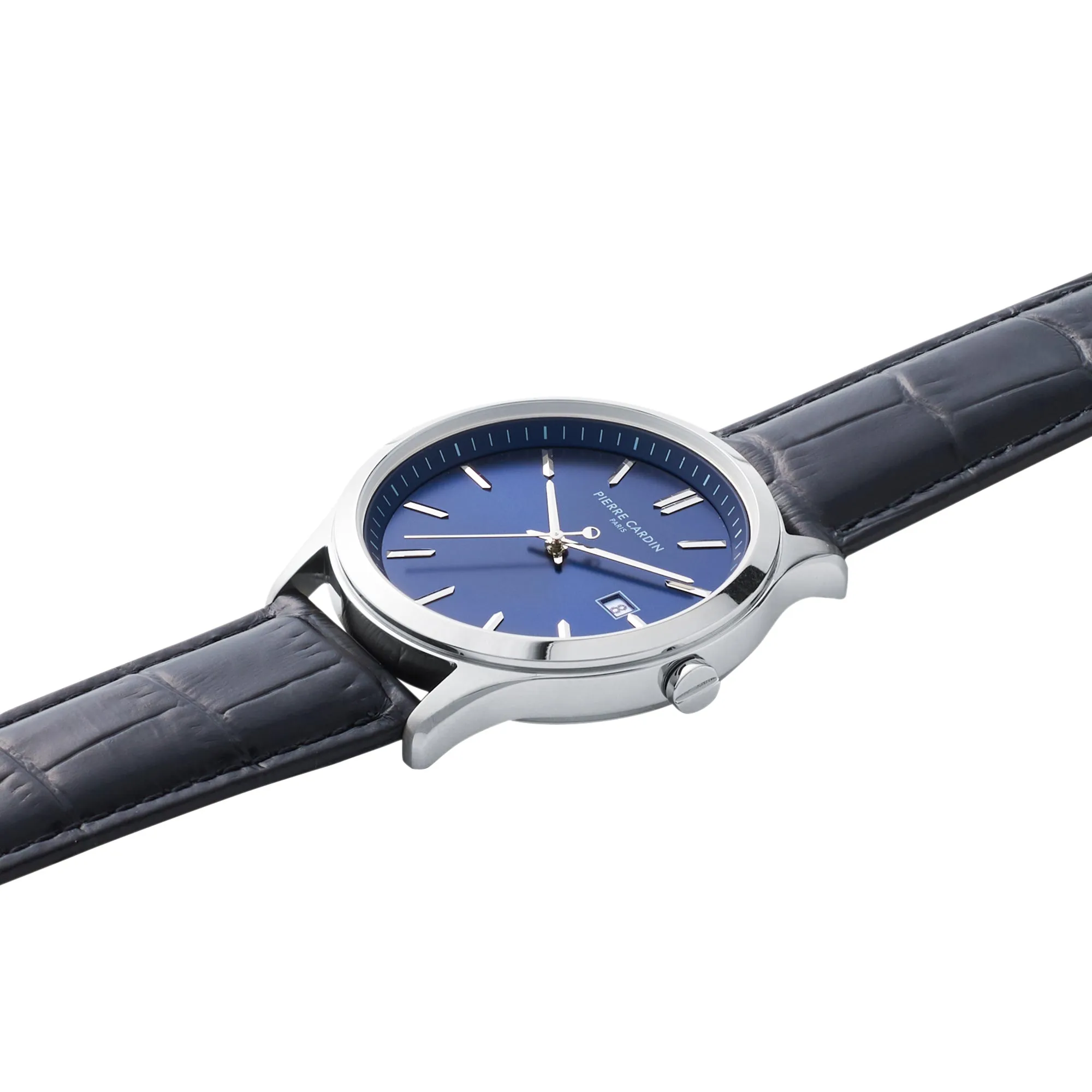 Épinettes Essential Stainless Steel Watch with Blue Dial and Black Leather Strap