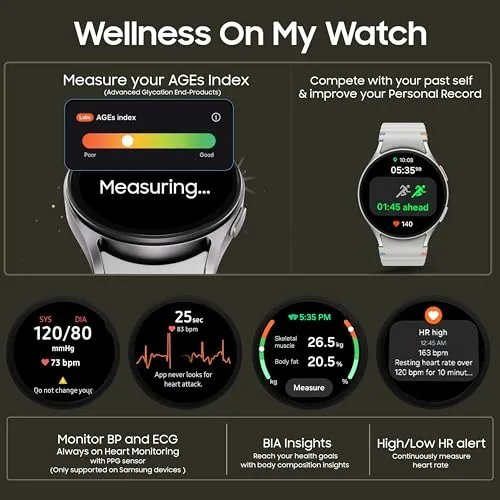 Samsung Galaxy Watch 7 (44mm, Silver, BT LTE) with 3nm Processor | Dual GPS | Sapphire Glass & Armour Aluminum | 5ATM & IP68 | HR, SpO2, BP & ECG Monitor