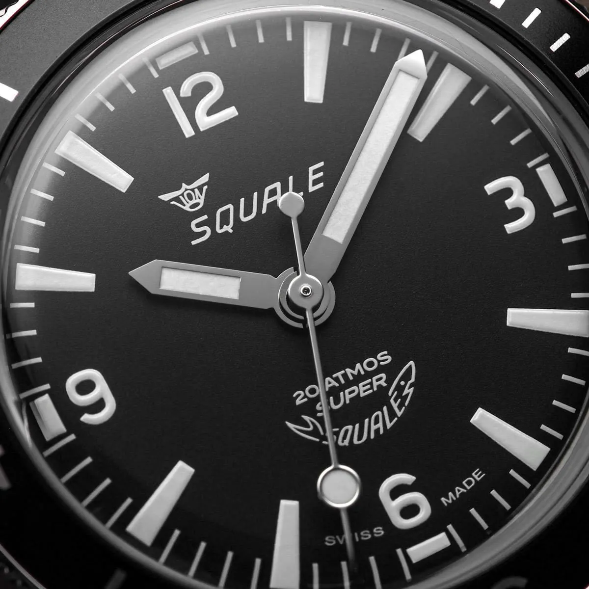 Super Squale Arabic Numerals Diver's Watch - Matt Black Dial - Rubberised Calf Leather Strap