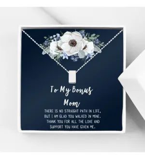 To My Bonus Mom Mother's Day Necklace, Bonus Mom Cube Necklace, Mother's Day Gift for Step Mom, Necklace and Card Gift for Step Mom [Silver, No-Personalized Card]