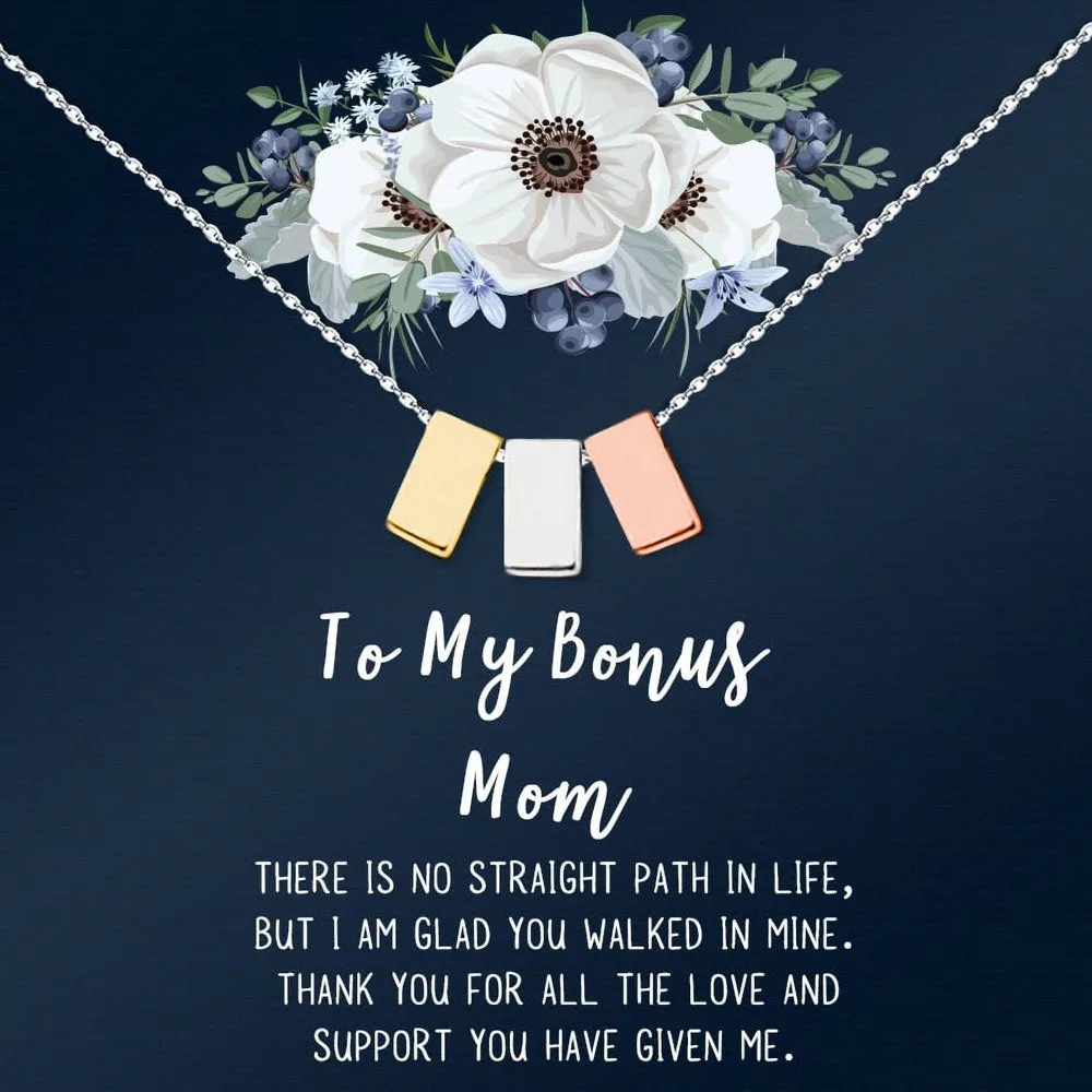 To My Bonus Mom Mother's Day Necklace, Bonus Mom Cube Necklace, Mother's Day Gift for Step Mom, Necklace and Card Gift for Step Mom [Silver, No-Personalized Card]