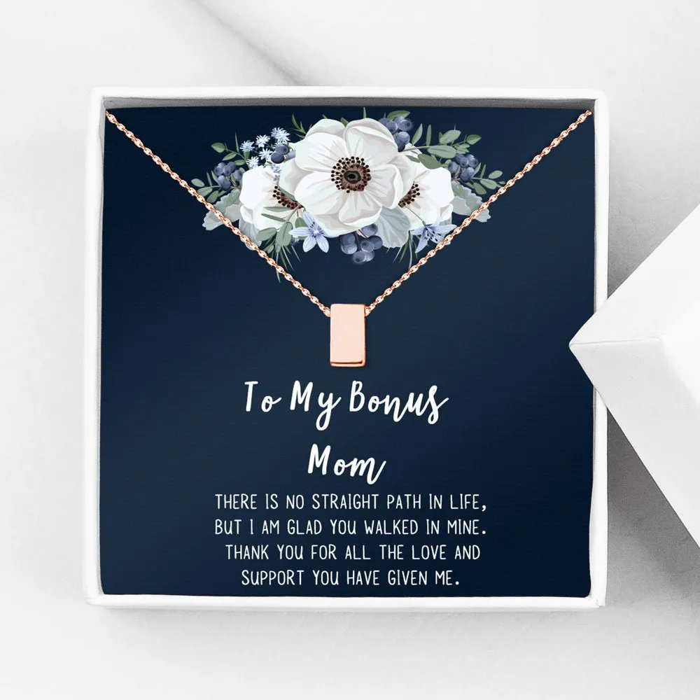 To My Bonus Mom Mother's Day Necklace, Bonus Mom Cube Necklace, Mother's Day Gift for Step Mom, Necklace and Card Gift for Step Mom [Silver, No-Personalized Card]