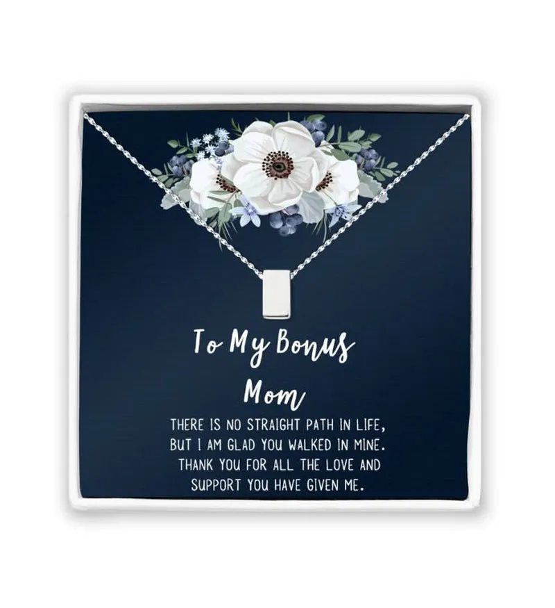 To My Bonus Mom Mother's Day Necklace, Bonus Mom Cube Necklace, Mother's Day Gift for Step Mom, Necklace and Card Gift for Step Mom [Silver, No-Personalized Card]