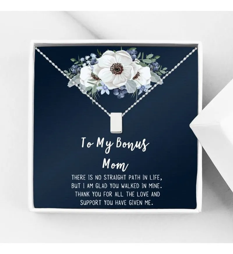 To My Bonus Mom Mother's Day Necklace, Bonus Mom Cube Necklace, Mother's Day Gift for Step Mom, Necklace and Card Gift for Step Mom [Silver, No-Personalized Card]