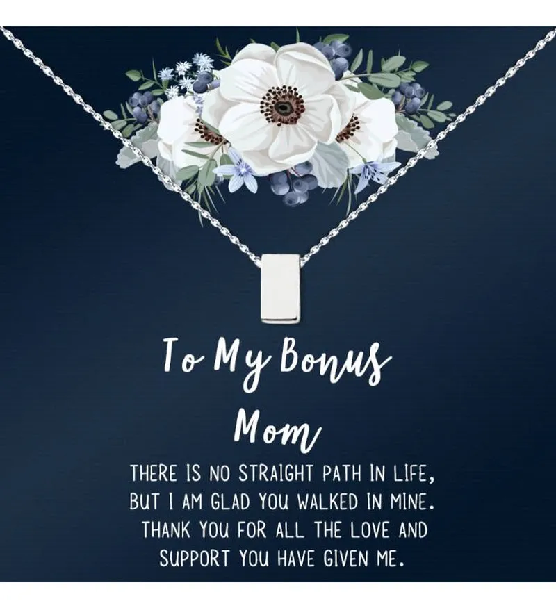 To My Bonus Mom Mother's Day Necklace, Bonus Mom Cube Necklace, Mother's Day Gift for Step Mom, Necklace and Card Gift for Step Mom [Silver, No-Personalized Card]