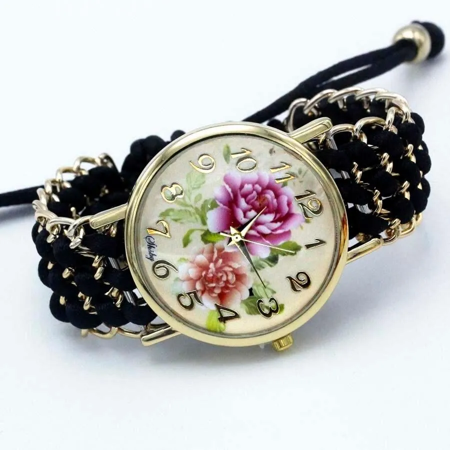 Women Fabric Flower Hand-Knitted Quartz Wrist Watches