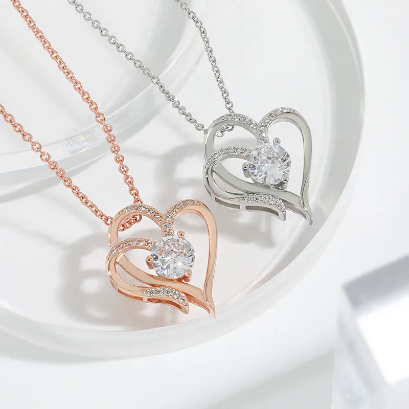 Zircon Double Love Necklace With Rhinestones Ins Personalized Heart-shaped Necklace Clavicle Chain Jewelry For Women Valentine's Day